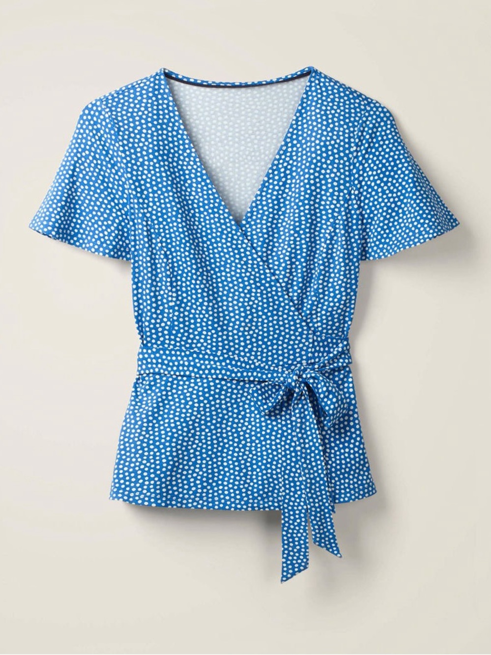 Boden Blue Polka Dot Wrap Top with Tie Waist